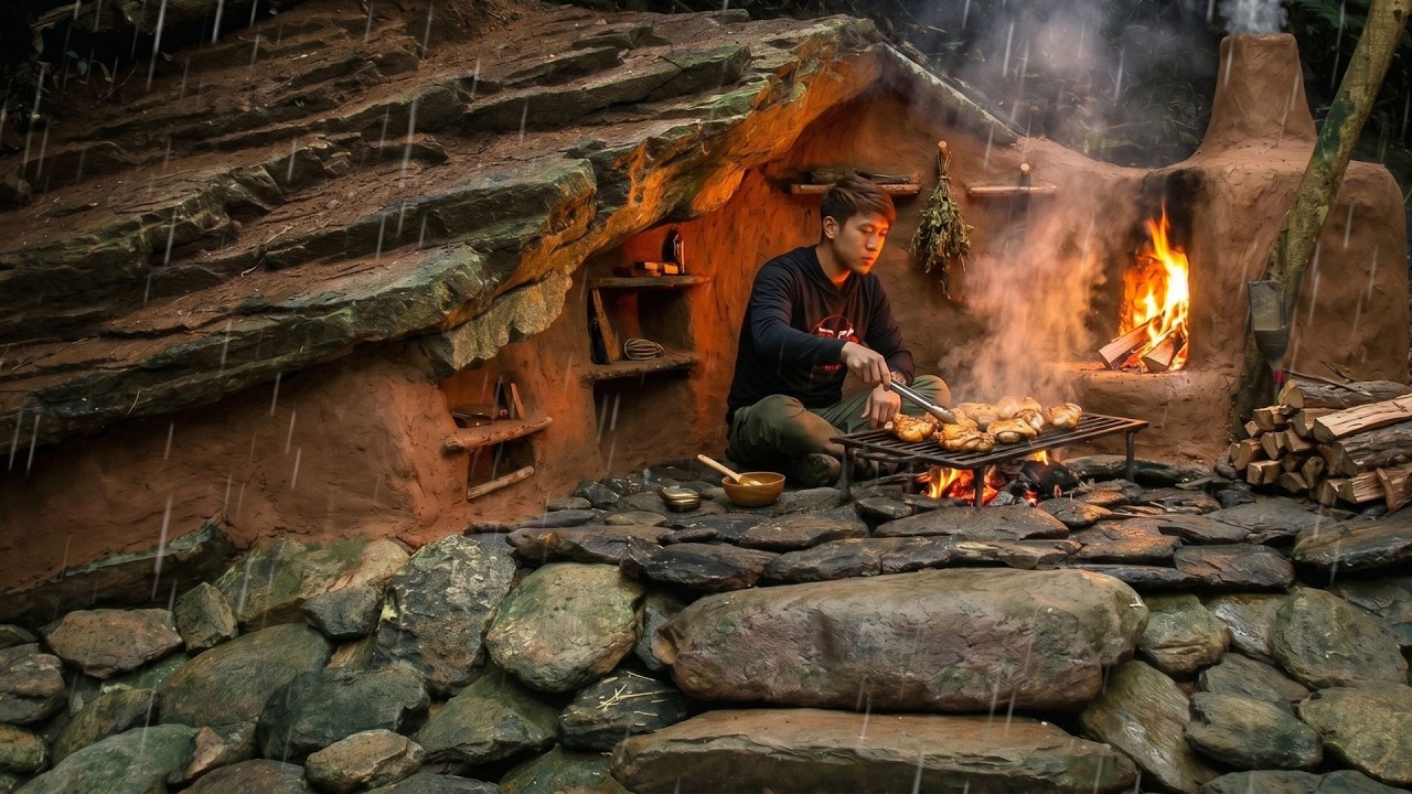Bushcraft Cave Life | Building a Complete Survival Shelter With Clay ...