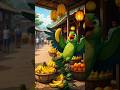 Cute Green Parrot Selling Bananas at a Tropical Market – Adorable Animated Scene #parrot #bananas