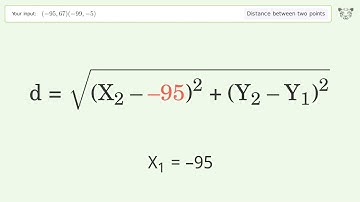 Find the distance between two points p1 (-95,67) and p2 (-99,-5): Step-by-Step Video Solution