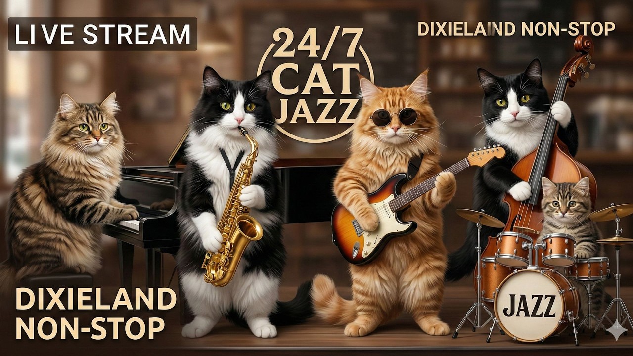 🔴🐱🎷24/7 Cat Jazz Club Live Stream. Relaxing Background Music. Cat musicians playing non-stop #jazz
