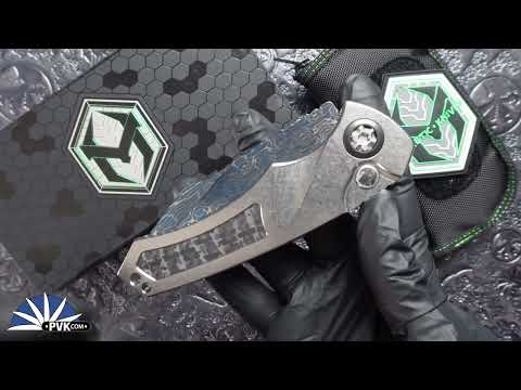 Heretic Knives Pariah Auto Hand Ground Vegas Forge Blued Damascus, Titanium w Fat Carbon Snakeskin