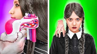 HAIR GADGET to make WEDNESDAY ADAMS BRAIDS || Ultimate Beauty Makeover for Crush by 123GO! CHALLENGE