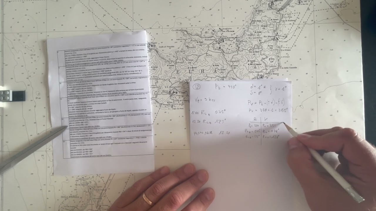 Esame patente nautica - esercizio 5.1.3-1 n°12 - rilevamento t1 a t2 - carteggio senza limiti (2022)