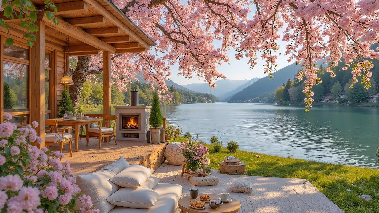 Cozy Spring Lakeside Cottage 🌸🌳 Peaceful Piano Music & Fireplace Sounds for Focus, Study