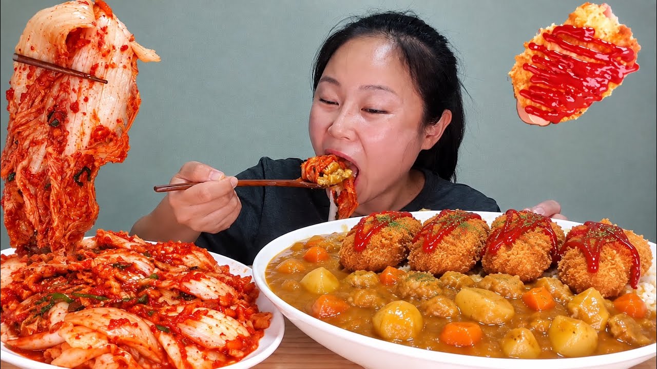 요리먹방:) 🔥학가산 김치 정말 맛있네요🤤 직접 만든 카레에 감자 고로케까지 야무지게 먹방 kimchi mukbang
