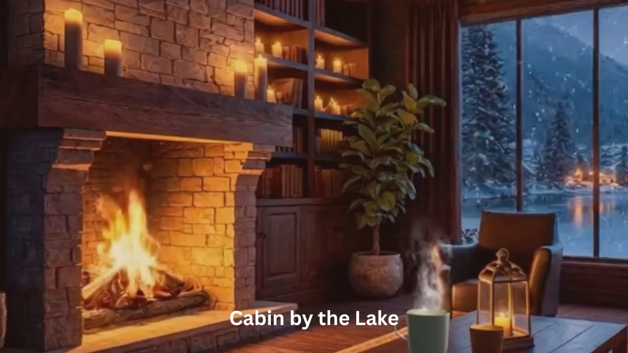 Nighttime Cabin by the Lake ❄️ Snowfall & Ambient Piano | 1 Hour Bedtime Wind Down