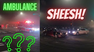 SIDESHOW GOES CRAZY! WHOLE INTERSECTION GETS BLOCKED IN THE CITY! MUSTANG DOES BURNOUT ON THE CURB!