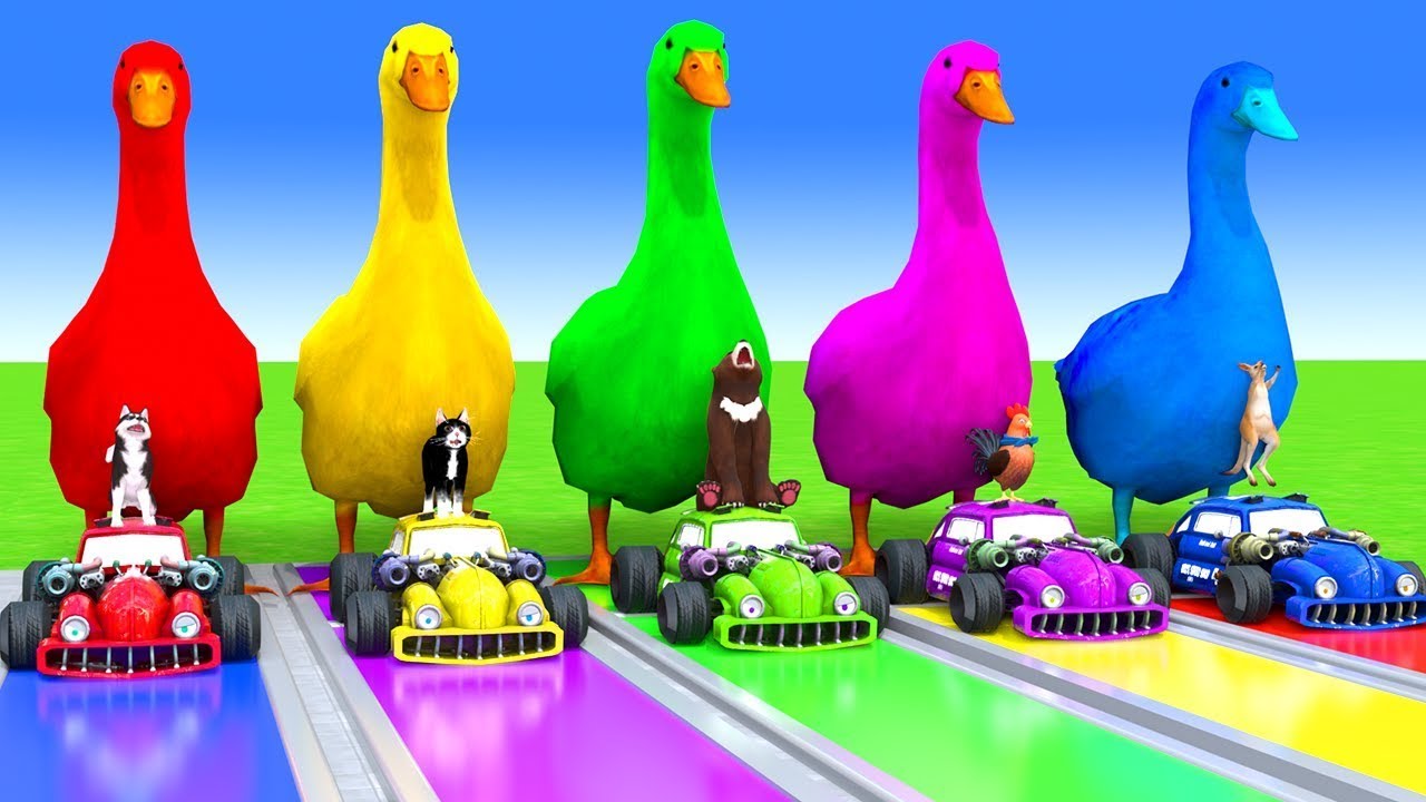 5 Giant Duck Cartoon,Cow,Elephant,Tiger,Lion,Dinosaur,Paint Wild Animals Crossing Fountain Animation