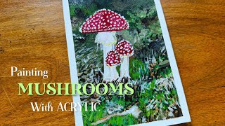 Painting MUSHROOMS 🍄 With acrylic / Acrylic painting TUTORIAL / Paint with me☘️