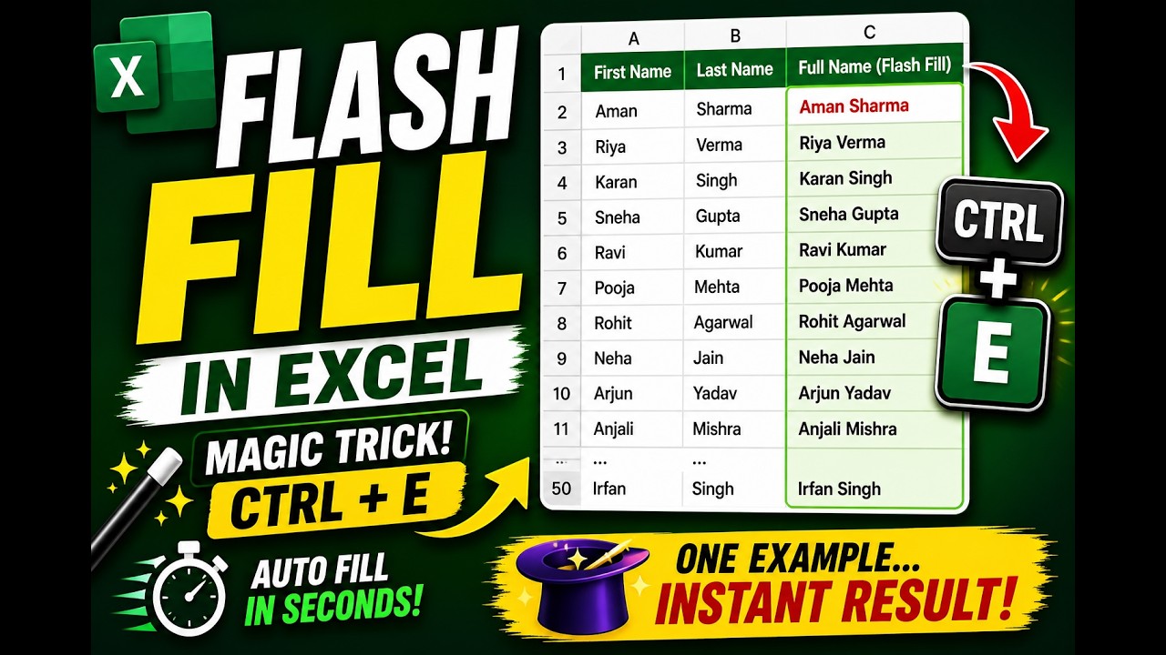 Flash Fill in Excel 🤯 | Ctrl + E Magic Trick (Split & Combine Data ...