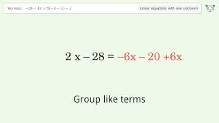 Linear equation with one unknown: Solve -28-4x=5(-4-x)-x step-by-step solution