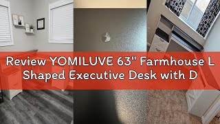 Review YOMILUVE 63' Farmhouse L Shaped Executive Desk with Drawers & Storage Shelf, Corner Computer