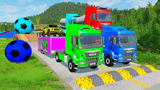 Double Flatbed Trailer Truck vs speed bumps|Busses vs speed bumps|Beamng Drive|0231