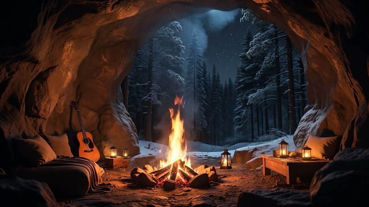 Cozy Winter Night Campfire in the Forest Cave | Relaxing Nature Sounds for Sleep