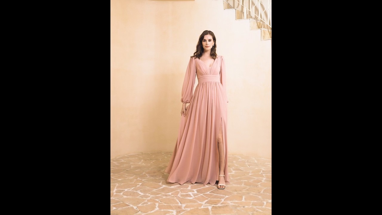 Dusty Rose Plunging V-Neck Floor-Length Dress With Slit