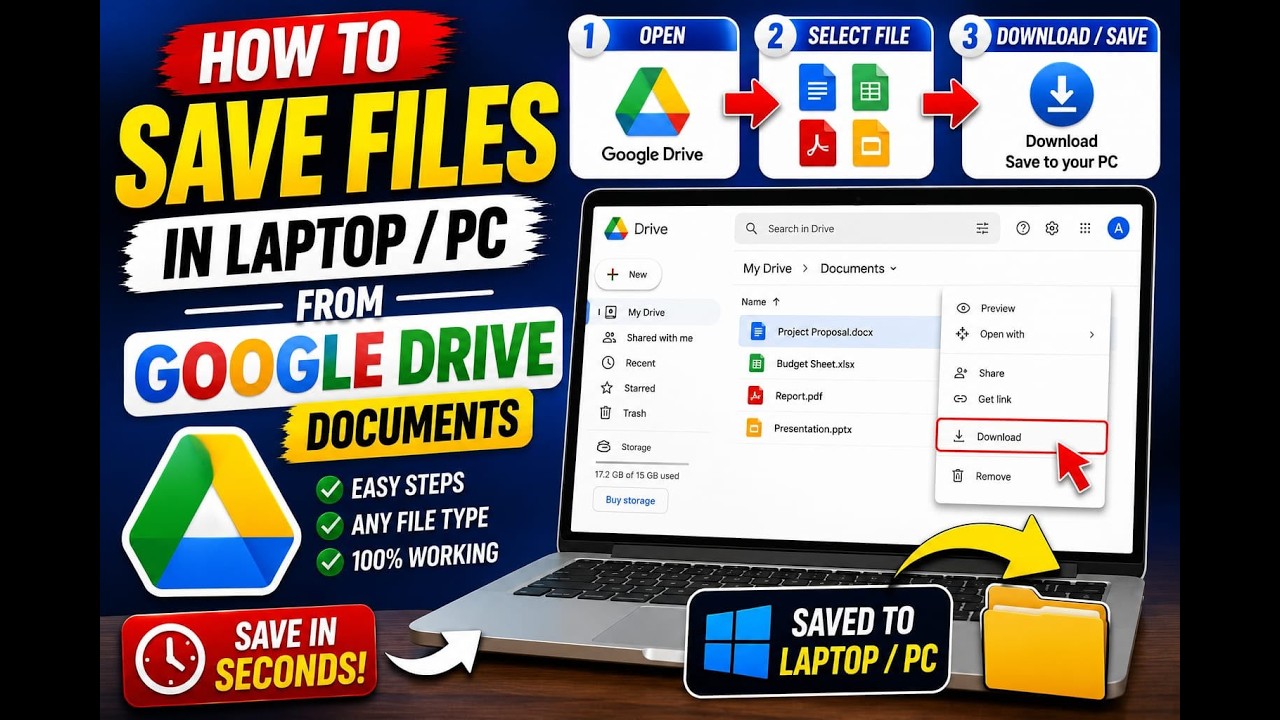 How to save files in laptop or pc from google drive documents - YouTube