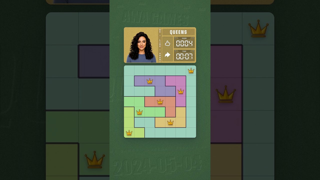 LinkedIn Queens #4 solved board for May 4, 2024, 7x7 grid