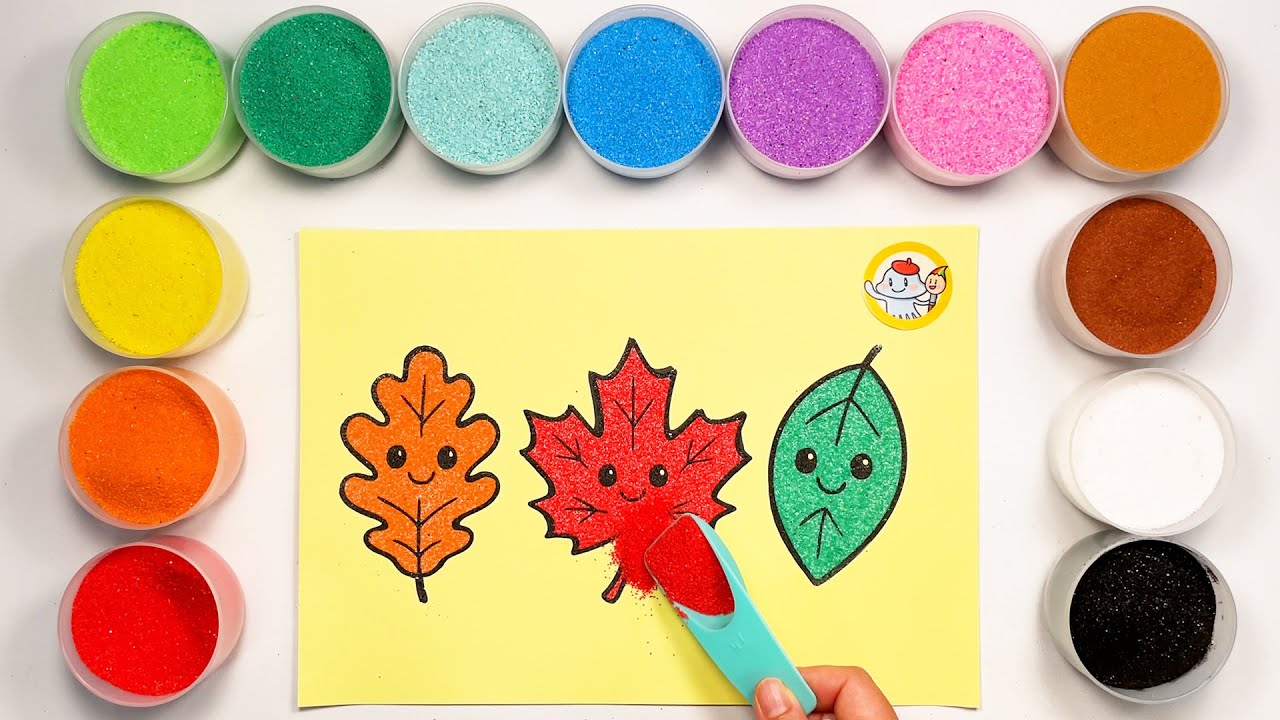 How to Draw Cute Fall Leaves, Sand Painting Coloring Picture for Kids & Toddlers | Jelly Loulou Art