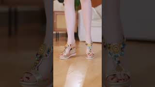 35-43Sandalias De Piel Para Mujer Con Suela Gruesa Y Banda Elástica Con Abalorios, Verano 2025