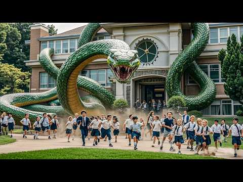 Mutant serpent invades school, guard resists, shields students escaping