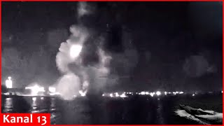 Moment footage of the operation in Crimea- Ukrainian naval drones destroyed two Russian boats