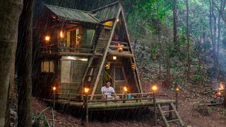 Camping in the Updated Bamboo House During Heavy Rain in the Forest, Getting Free Food in Nature