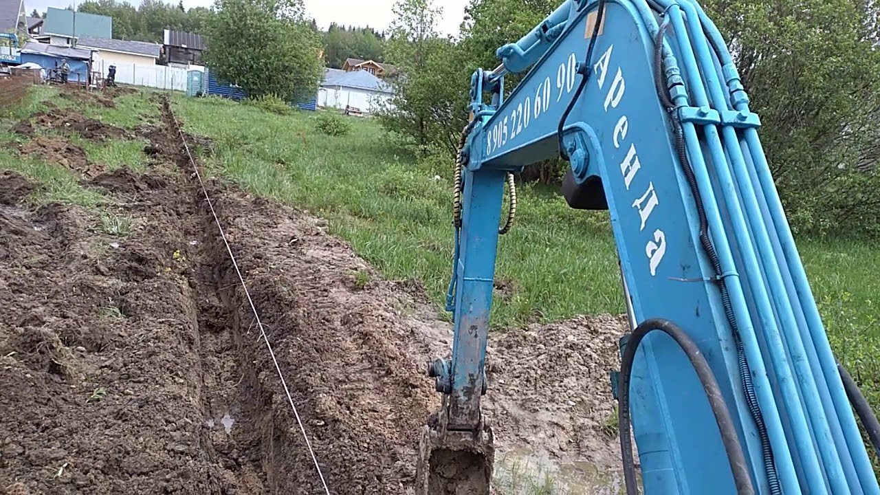 Траншея под ленточный фундамент, мини экскаватор в Рощино. - YouTube