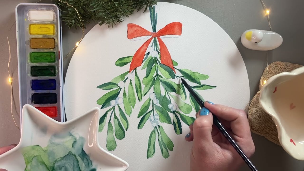 🌱 Christmas Watercolour: Painting a Festive Mistletoe with a Red Bow