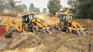 TWO JCB Backhoe Machine Working For Bridge Construction-Bridge Foundation Construction in Water 2