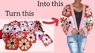 Crochet retro daisy granny square cardigan / vintage crochet cardigan