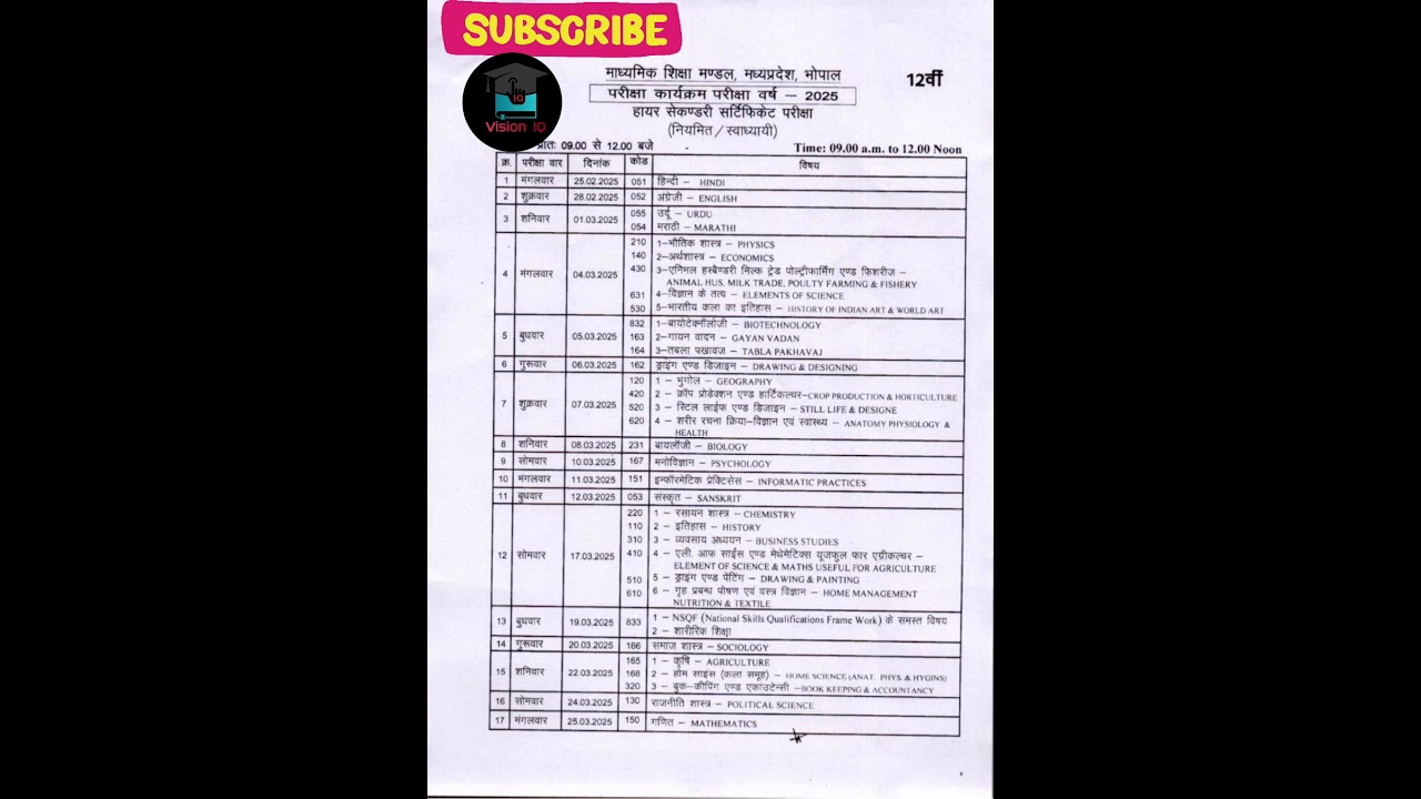 Time table class 12th | Vision IQ | 2024-25| mp board 