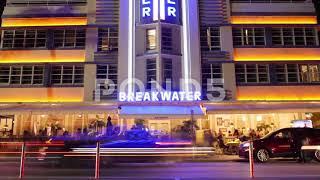Miami Beach Ocean Drive At Night - Hotel Breakwater In Timelapse - 4k Stock Footage
