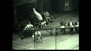High bar mishaps in the 1949 NCAA Championships (gymnasts unknown)
