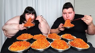 EXTREME FIRE NOODLE CHALLENGE WITH HUNGRY FAT CHICK • Mukbang &amp; Recipe