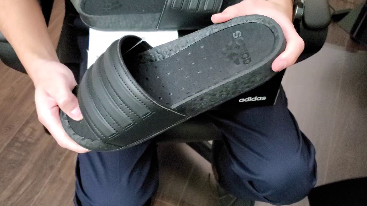 An event gas comfort Adidas Adilette Boost Slides Triple Black Review! - YouTube