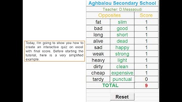 Tutorial 1 - How to create a dynamic quiz on Excel.