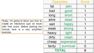 Tutorial 1 - How to create a dynamic quiz on Excel.