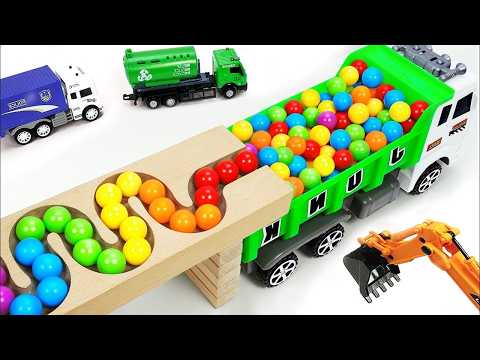 Marble Run Race ☆ HABA Slope & Retro Makita Truck, Excavator, Garbage Truck, Dump Truck,