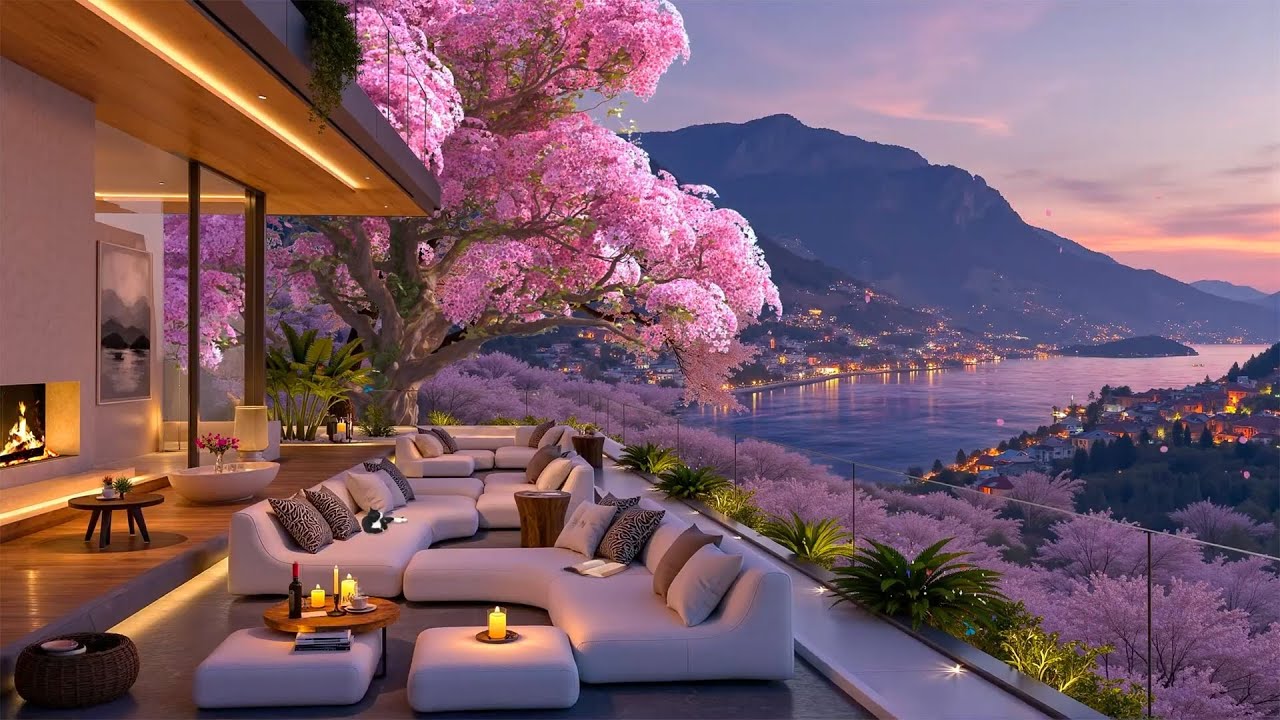 Cozy Spring Evening Jazz🌸Relaxing Instrumental by the Lake with Cherry Blossoms & Terrace Fireplace