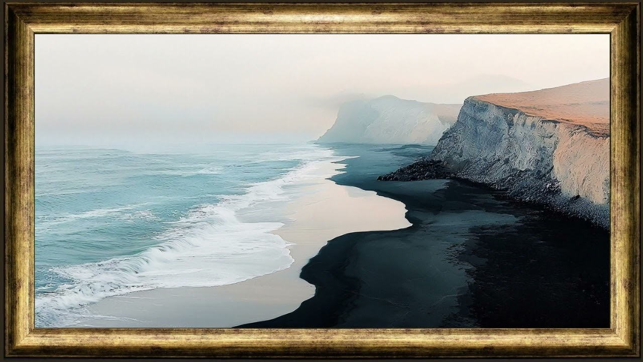 Ocean Coast ~ rustic vintage oil painting ~ gold frame tv art screensaver