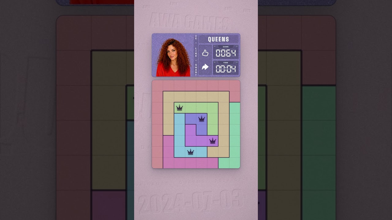 LinkedIn Queens #64 solved board for July 3, 2024, 8x8 grid