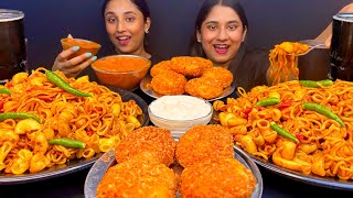 Eating spicy 🥵 macoroni masala noodles with Kurkure cheese corn momos challenge| Food Challenge | 