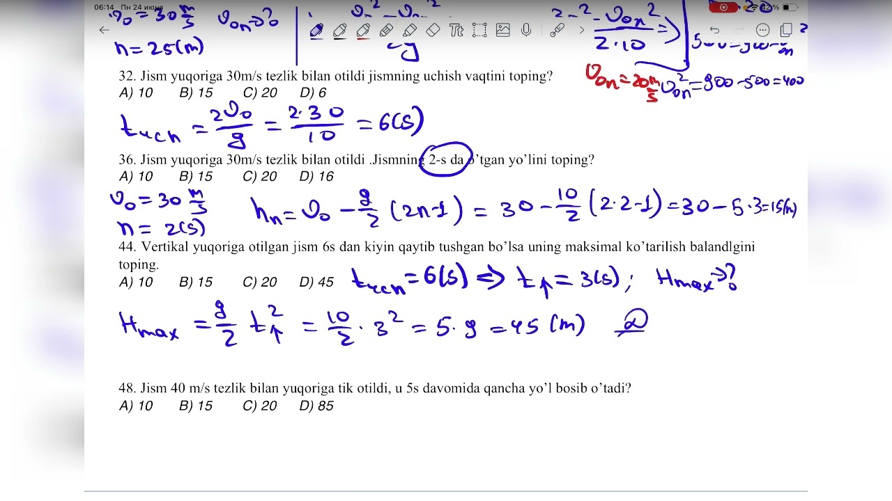 Online darsdan lavha( Yuqoriga tik otilgan jism harakati)