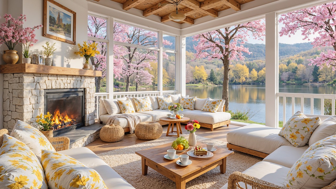 Soothing Piano Music & Fireplace for Studying 🌸 Spring Morning at a Lakeside Porch