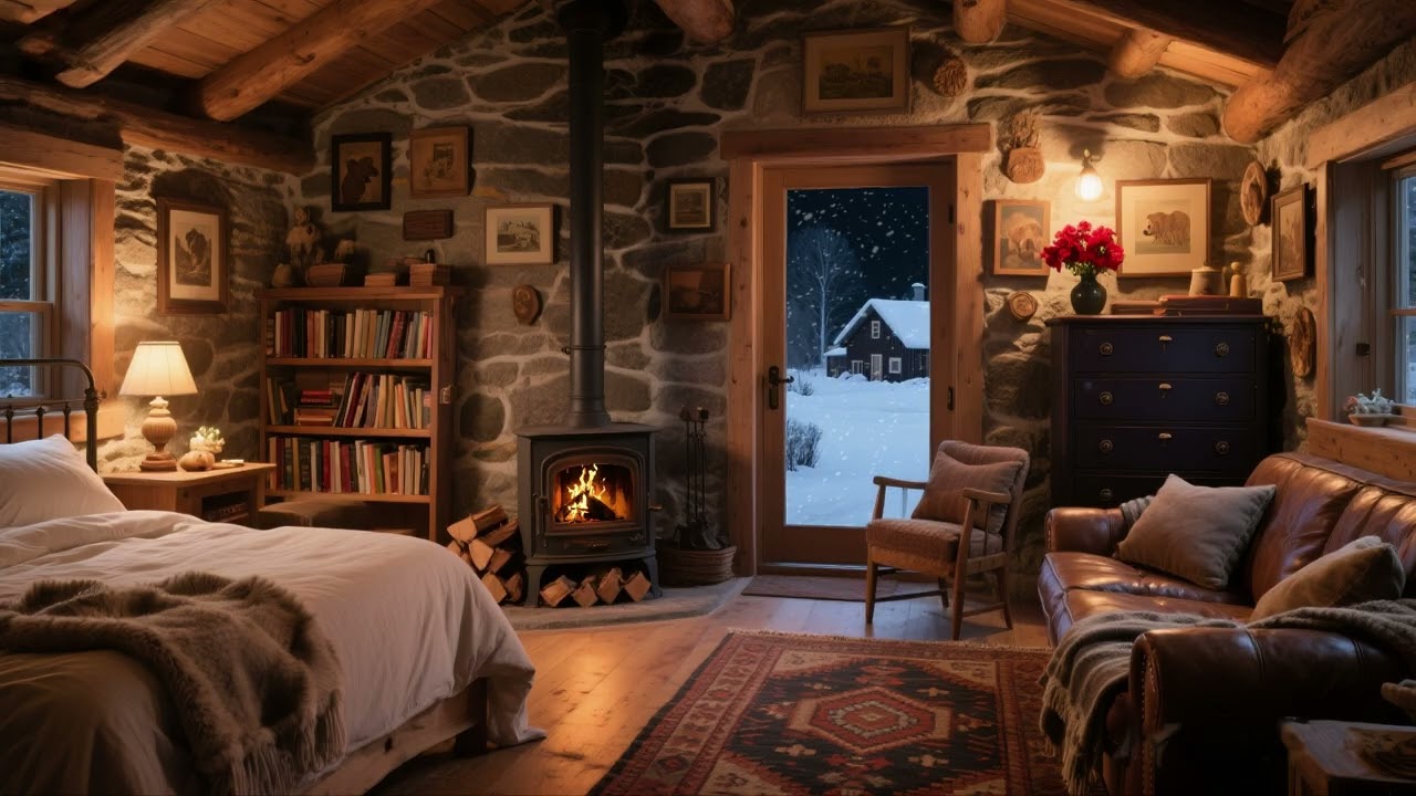 【White Noise】Winter Country Cabin | Fireplace Fire and Falling Snow | Helps you fall asleep quickly.