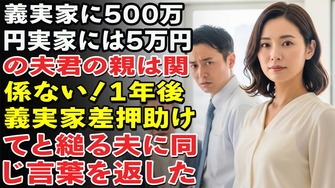 義実家に500万円出した私に、実家には5万円の夫。「君の母の家は関係ない」1年後、義実家差押えで「助けて」――私は同じ言葉を返した…
