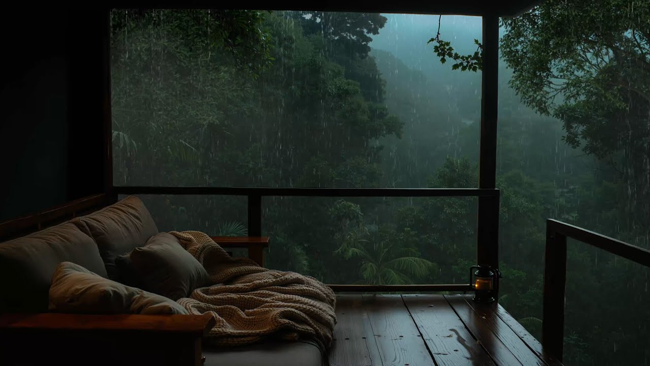 Rainstorm in the Jungle - Cozy Cabin Balcony Ambience with Rain Sounds ...