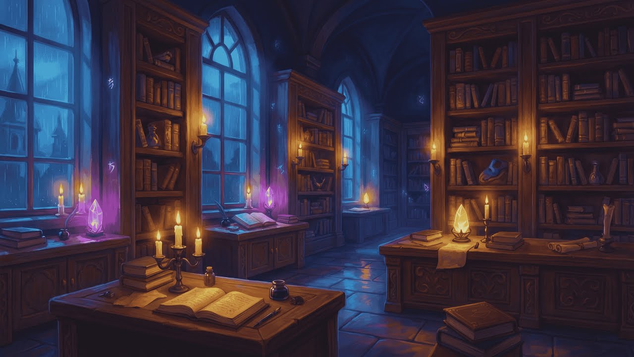 Arcane Library at Night 📚 | D&D Lofi Ambience with Rain for Studying & Focus
