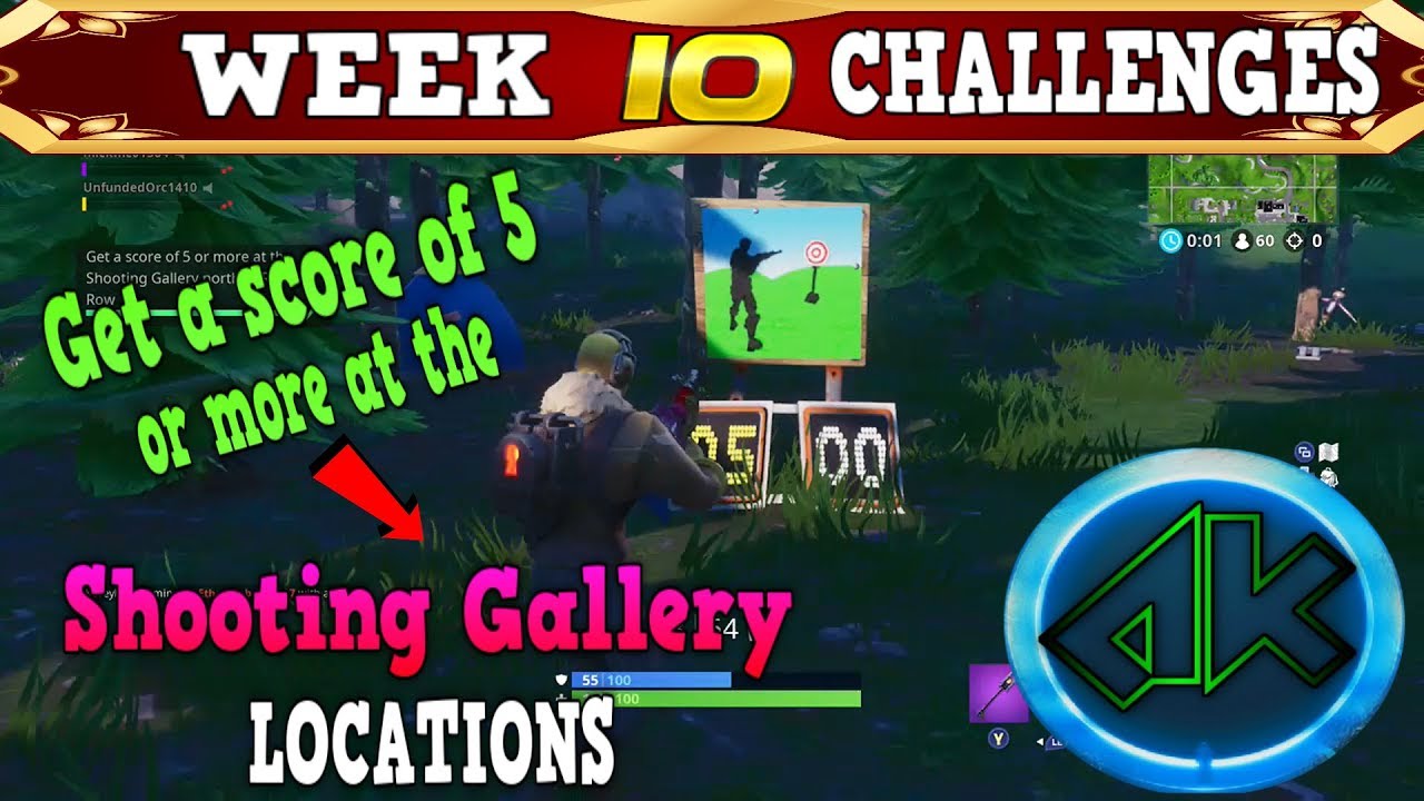 Fortnite WEEK 10 CHALLENGES! Get a score of 5 or more at the Shooting Gallery ALL LOCATIONS and more