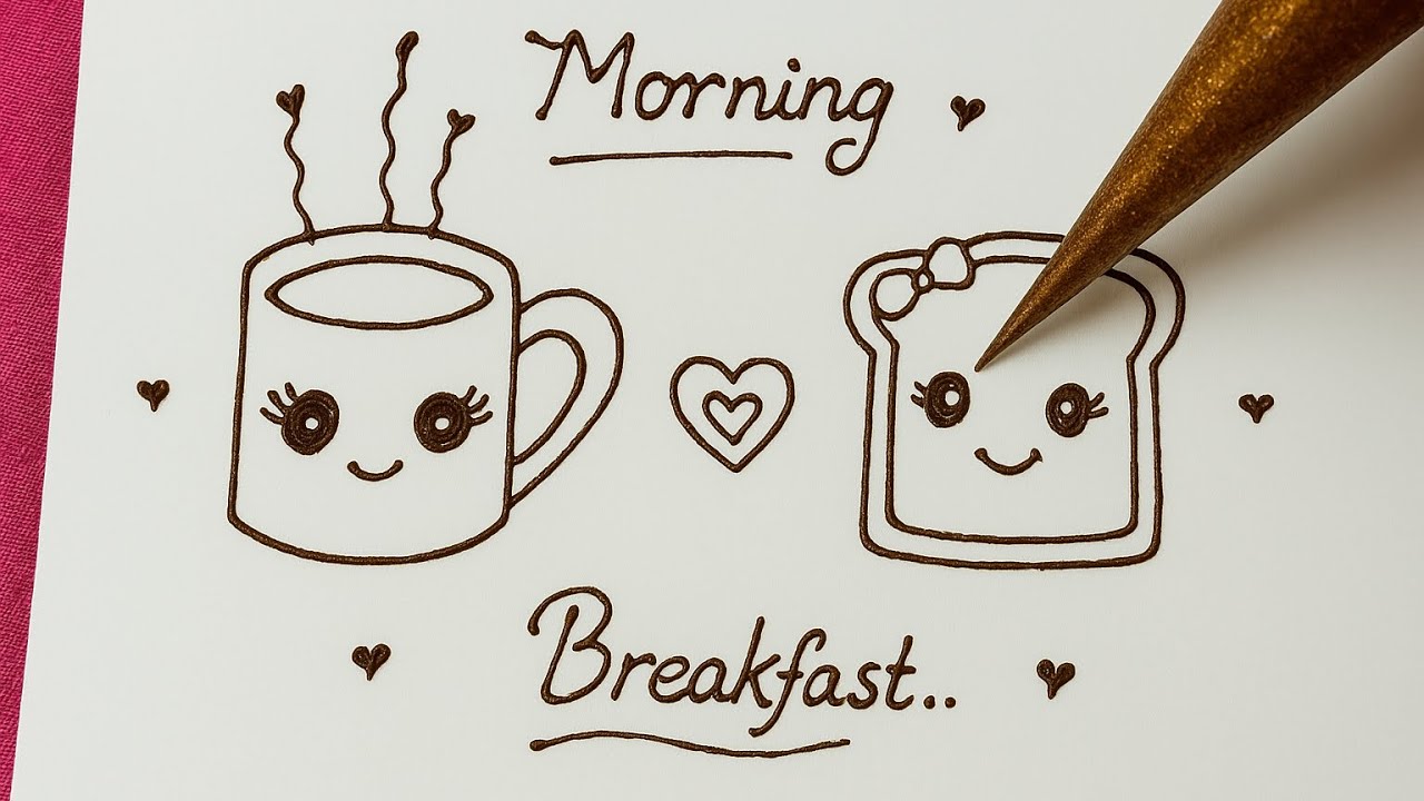“Cute Morning Breakfast Drawing | easy Tea & Bread Doodle | Beginner ...